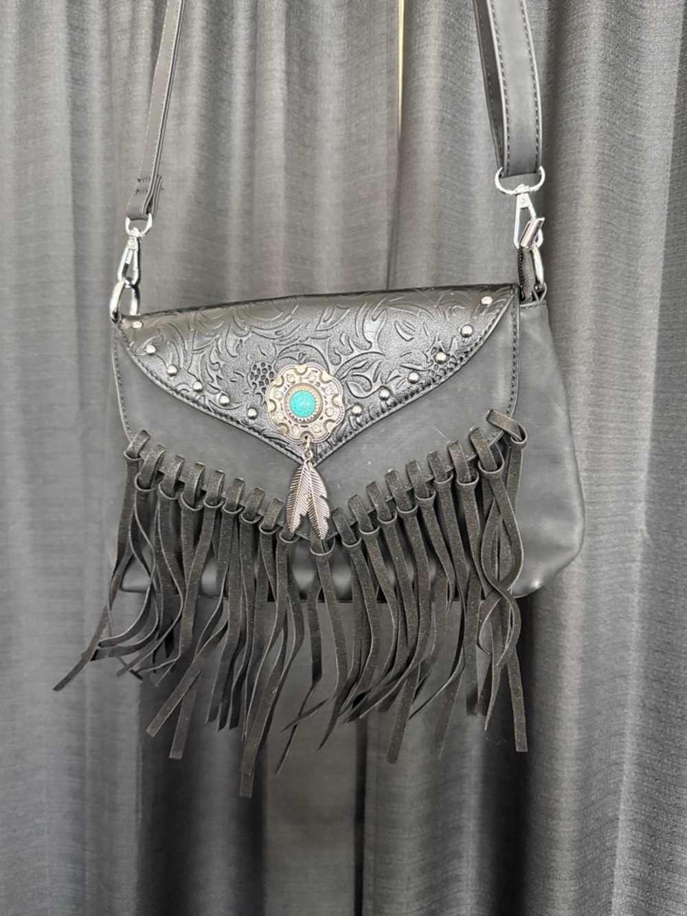 Black Fringe Crossbody Shoulder Bag with Turquoise Accent